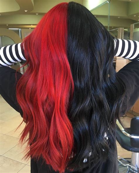 black hair red under|red and black split hair.